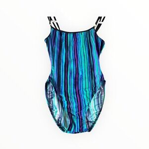 Coral Reef Vintage One Piece Swimsuit Teal Purple Striped High Cut Size 10